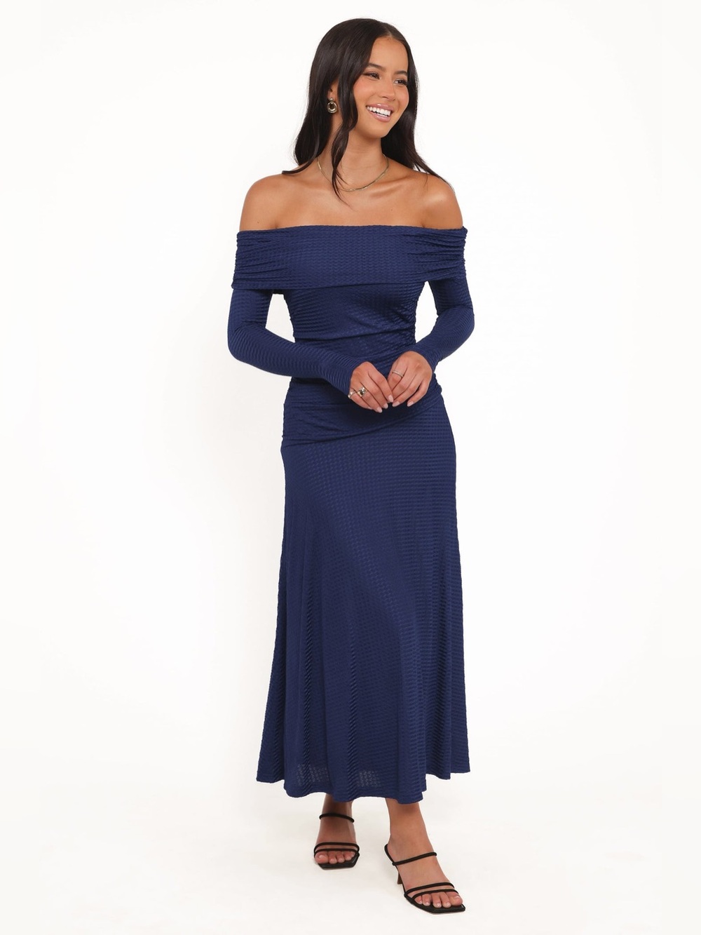 Petal & Pup Katiya Off The Shoulder Midi Dress Size 6 Navy Blue Long Sleeve